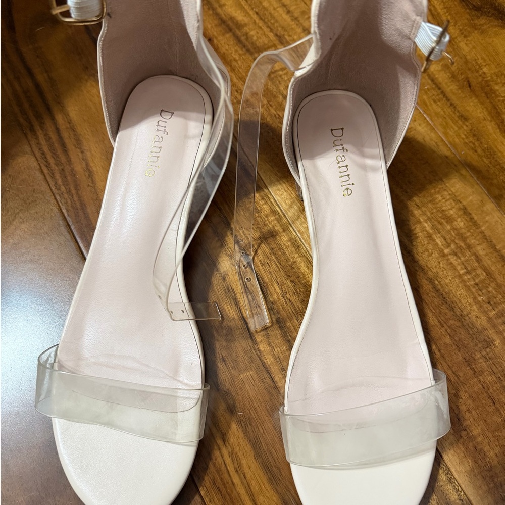 Clear and nude block heels